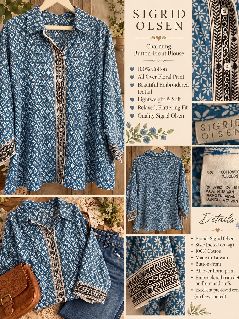 Sigrid Olsen Blue Floral-Print Button Front Blouse with Embroidered Trim